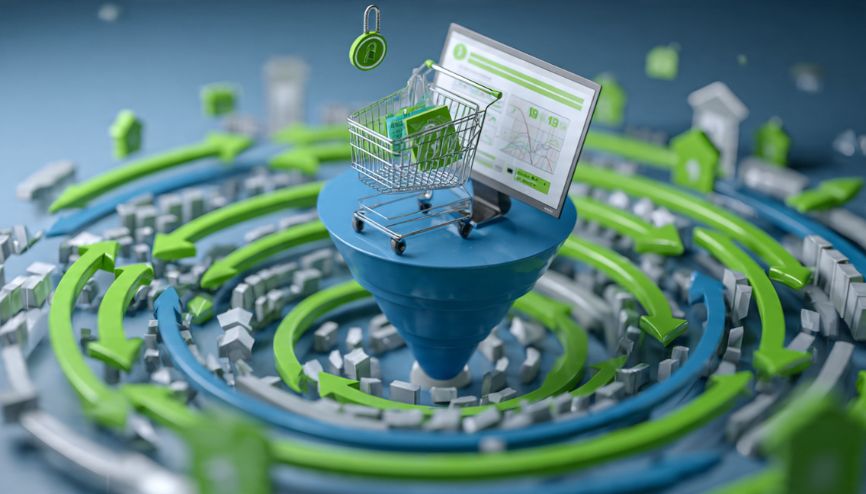 Um funil de vendas com setas revertendo para cima, ilustrando como recuperar carrinhos abandonados