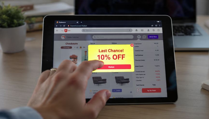 Um e-commerce em um tablet com um pop-up de intenção de saída ativado, oferecendo um código de desconto para recuperar carrinhos abandonados