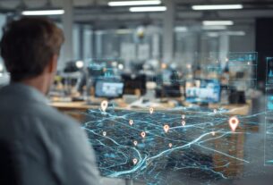 Um empresário analisando um mapa digital com pinos de localização em uma tela, representando a estratégia de busca local.