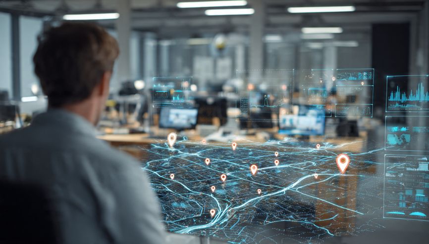 Um empresário analisando um mapa digital com pinos de localização em uma tela, representando a estratégia de busca local.