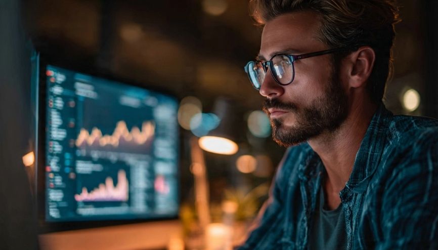 Profissional de marketing analisando dados de SEO para blogs