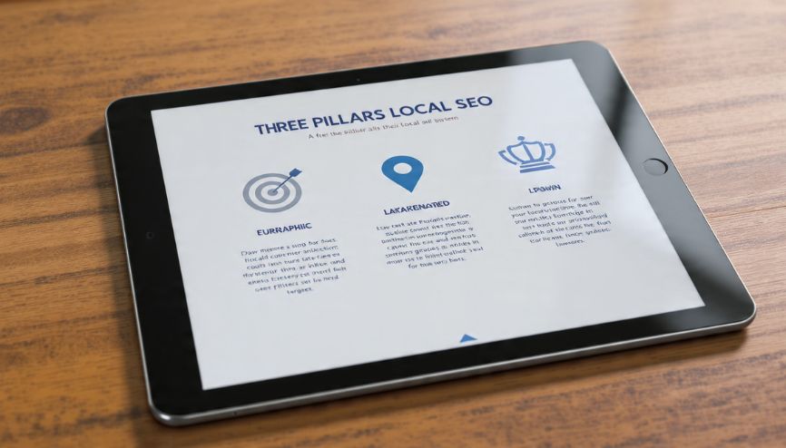 Infográfico mostrando os três pilares da otimização local: Relevância, Proximidade e Proeminência.