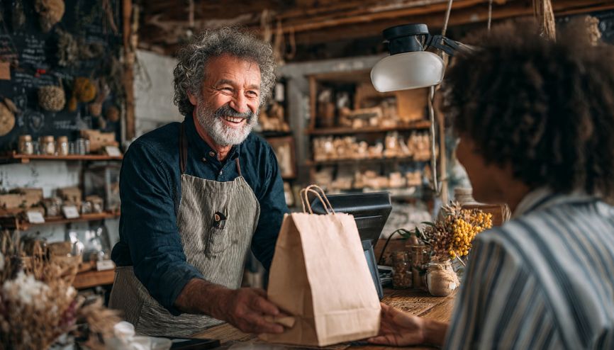 Dono de uma pequena empresa sorrindo enquanto atende um cliente, exemplificando o sucesso da otimização regional.