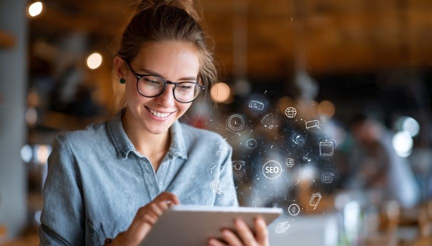 Pessoa otimizando SEO para blogs em um tablet