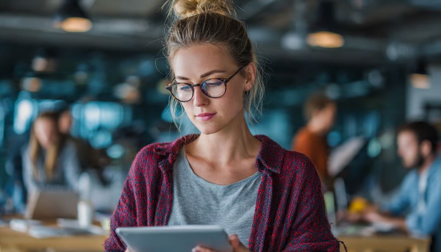 Empreendedora analisando um quadro comparativo de Ferramentas gratuitas automação em um tablet.