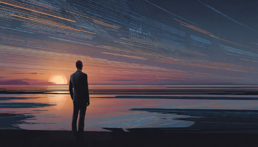 Empresário olhando para um horizonte digital com a Automação empresarial.