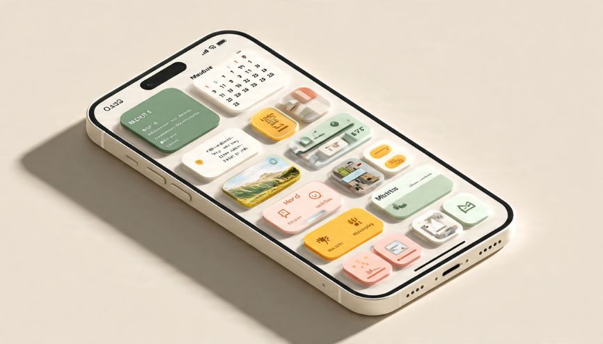 Interface de smartphone mostrando aplicativos de produtividade no celular e widgets organizados.