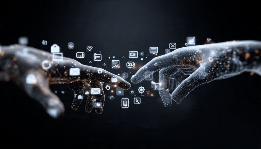 Mãos digitais conectando ícones de Ferramentas gratuitas automação, representando integração e fluxo de trabalho.