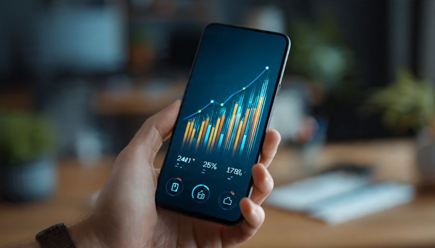 Mãos segurando um smartphone com um gráfico de progresso, simbolizando a produtividade no celular alcançada.