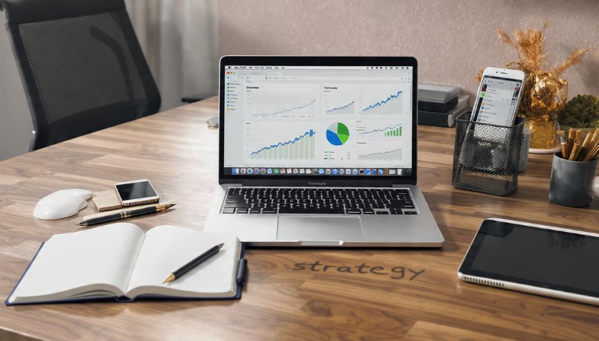 Mesa de trabalho organizada com laptop e ferramentas digitais, simbolizando a produtividade no marketing digital.