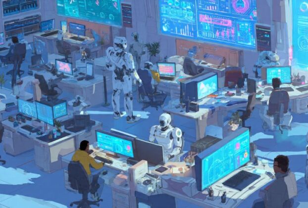 Visão futurista da Automação empresarial com robôs e humanos colaborando em um escritório moderno.