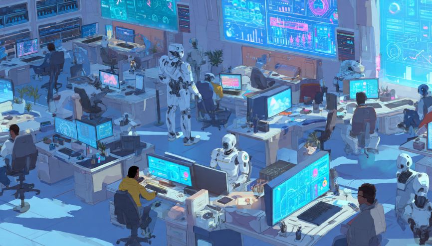 Visão futurista da Automação empresarial com robôs e humanos colaborando em um escritório moderno.