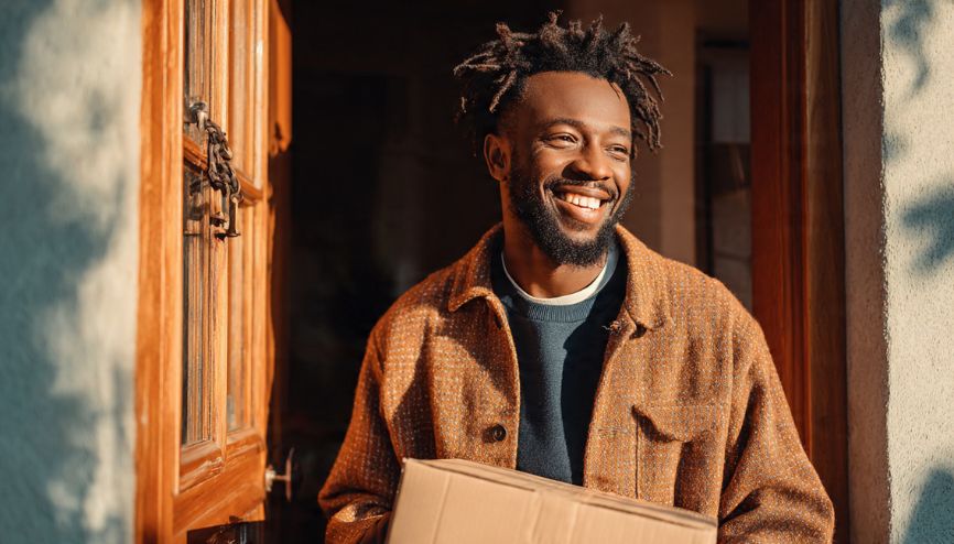 Cliente feliz recebendo encomenda de Dropshipping nacional no Brasil.