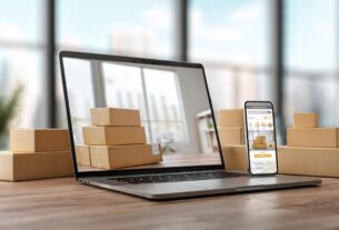 Alt: Laptop exibindo loja de Dropshipping nacional no Brasil com caixas de entrega.