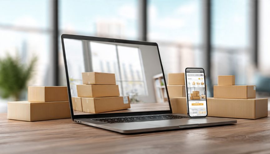 Alt: Laptop exibindo loja de Dropshipping nacional no Brasil com caixas de entrega.