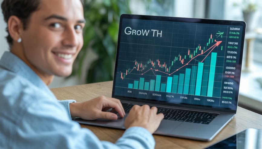 Uma pessoa sorrindo em frente a um laptop que exibe gráficos de crescimento de afiliados de produtos digitais.