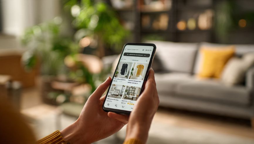 Consumidor utilizando smartphone para compras seguindo as tendências e-commerce.