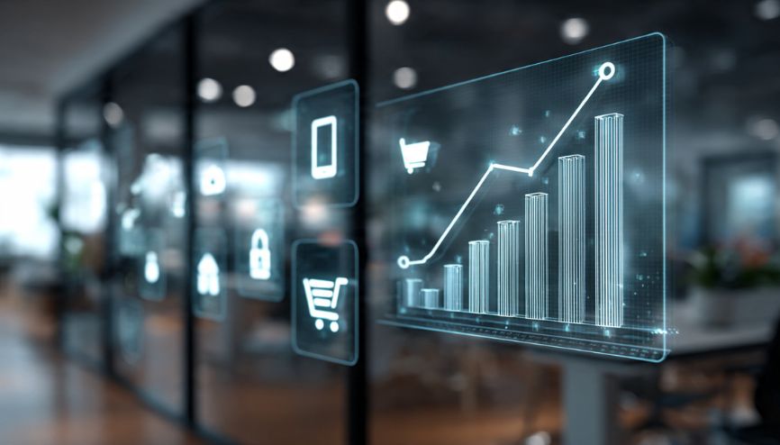 Visão futurista das tendências e-commerce com tecnologia integrada.